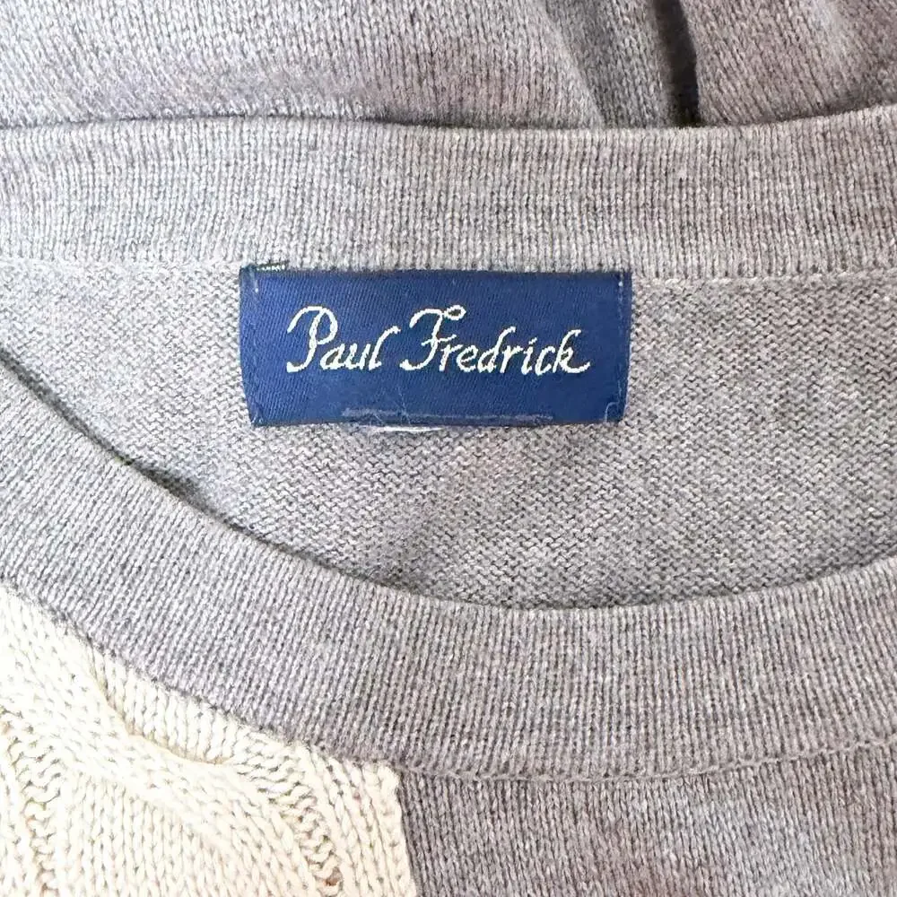 Paul Fredrick Men's Grey and White Diamond Cable Knit Crewneck Sweater